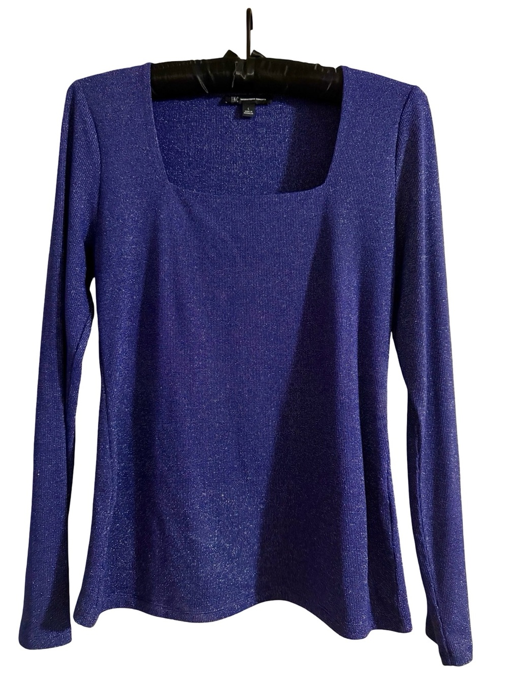 INC Metallic Blue Square-Neck Long Sleeve Top Knit Women’s Large